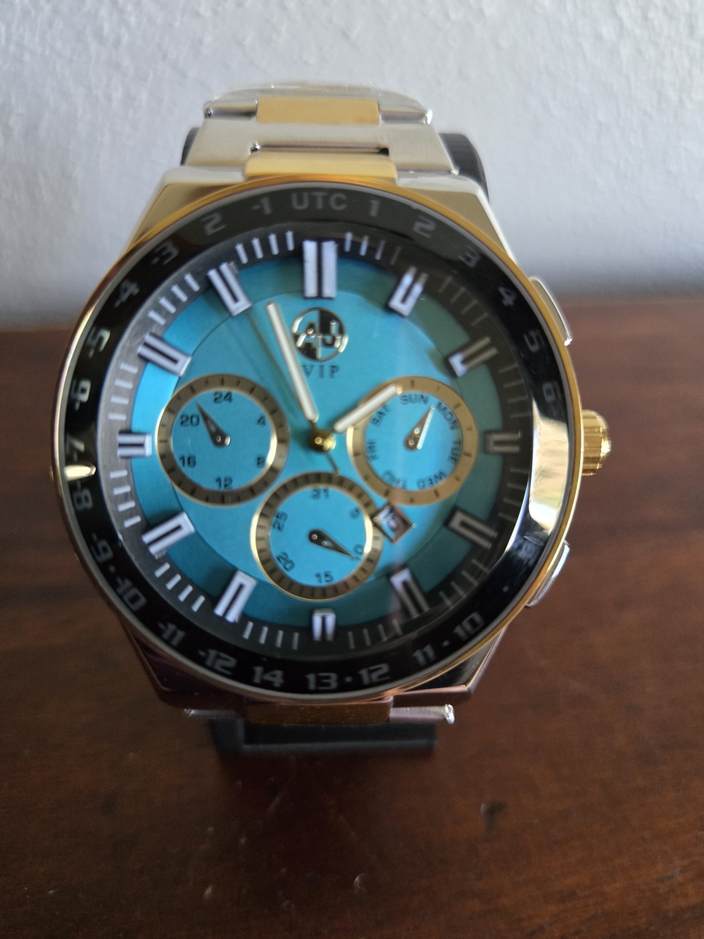 AJ VIP Men's Gold Tone Watch Turquoise Blue Dial Multi-Dial NWT